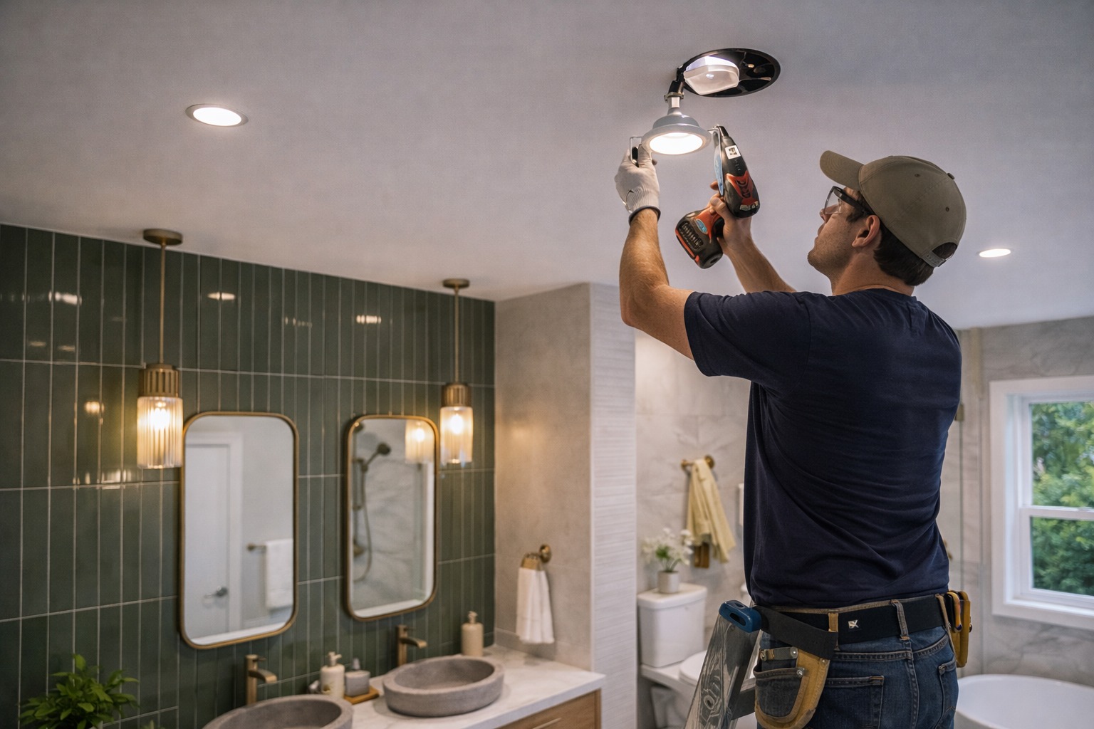 Well-lit modern bathroom with layered lighting design